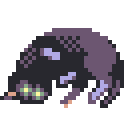 pixel art of a black kitty with glowing eyes rolling around